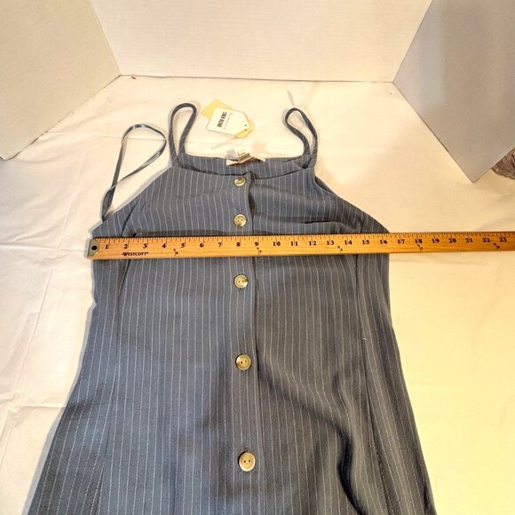 Monteau Blue Pinstripe Button-Down Linen Blend Dress Spaghetti Straps Medium - Picture 3 of 9
